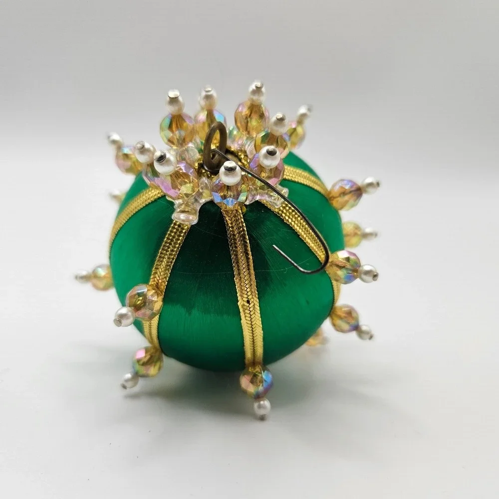 Vintage Emerald Green Beaded Christmas Ornament Holiday Decor‎ Sphere Handmade